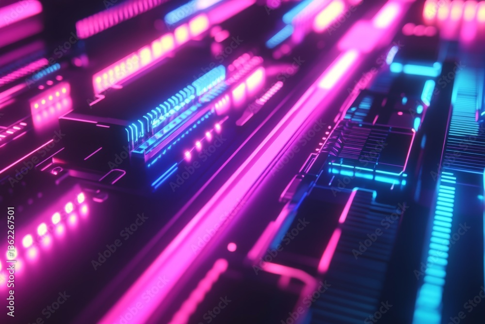 Aufkleber vibrant neon circuit board design showcasing intricate electronic pathways in a futuristic style