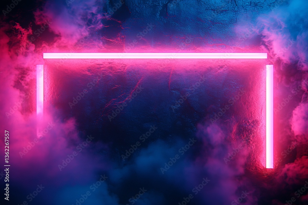 Poster illuminated neon frame with pink lights against a dark smoky background creating a vibrant atmospher