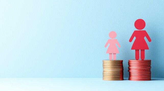 Economic disparity concept, a man and woman icon next to unbalanced salary stacks, free space for messaging.