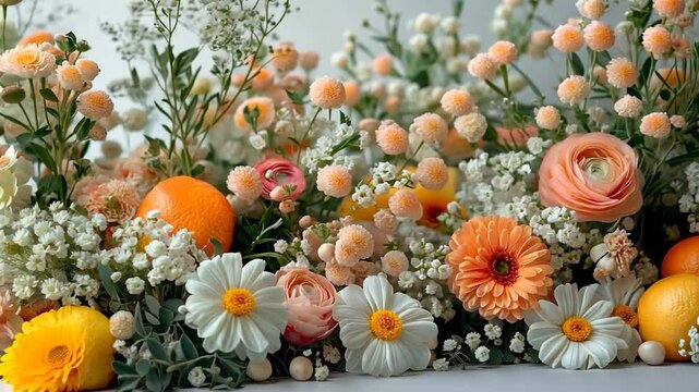Vibrant floral arrangement featuring colorful flowers and fruits on display
