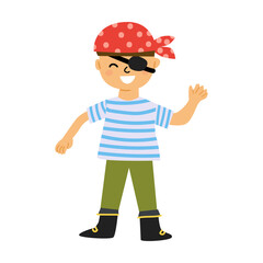 Smiling cartoon pirate child with eye patch and red bandana waving.