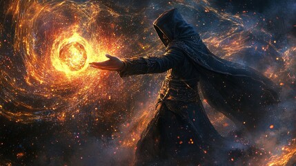 Naklejka premium Hooded figure conjures fiery orb amidst cosmic swirl.