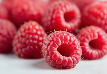 A macro shot of raspberries with intricate details, appearing plump and juicy, illuminated with soft, natural lighting on a solid white background.