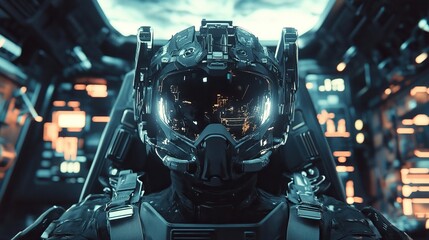 Futuristic pilot in advanced helmet inside spaceship cockpit.