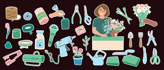 Florist tools and equipment for creative floral arrangements and gardening.