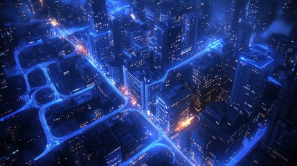 Night city aerial view, glowing roads, futuristic cityscape