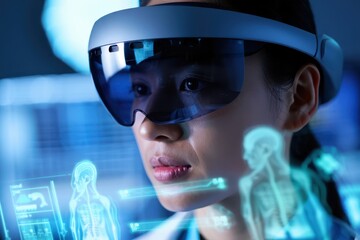 Futuristic woman wearing smart glasses exploring virtual medical interface
