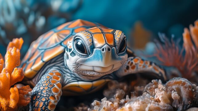 Happy baby turtle face peeking from its shell, underwater coral background 