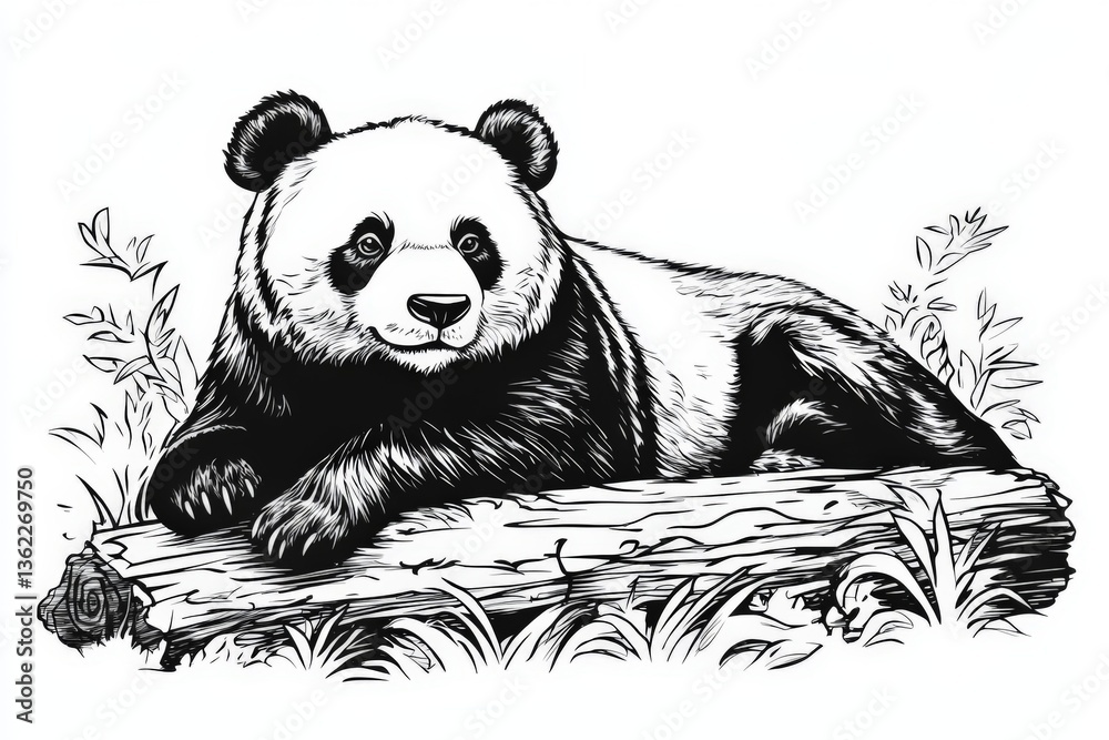 Poster panda resting on a log amidst foliage in a peaceful environment in a natural habitat setting