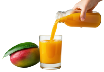 A mango juice bottle pouring thick, golden nectar into a glass, with a whole mango beside it, giving a fresh and rich appearance, on a transparent background.
