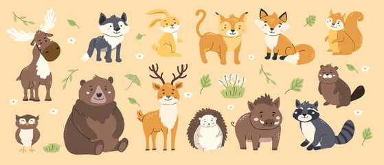 Charming collection of cute forest animals on beige background for card or poster design.