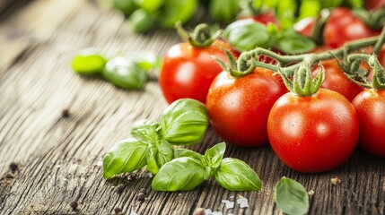 A close-up of ripe tomatoes and basil on a wooden table pic