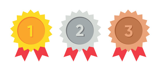 Award Medals Set – Gold, Silver, and Bronze,Vector illustration of gold, silver, and bronze medals with red ribbons, representing first, second, and third place awards