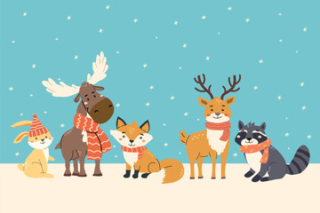 Fototapeta premium Cute forest animals in winter attire with snowflakes for holiday greeting card design.