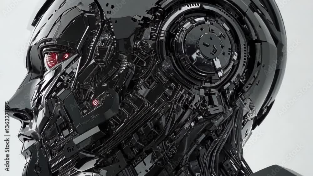 Poster exploring advanced robotics and artificial intelligence through intricate machine designs