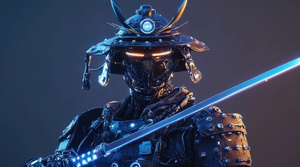 Futuristic samurai robot with glowing katana.
