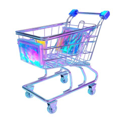 Shimmering Shopping Cart: A futuristic shopping cart glistens with an iridescent, ethereal glow, suggesting modern consumerism and shopping trends.