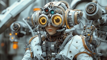 Fototapeta premium Futuristic female cyborg soldier in advanced armor.