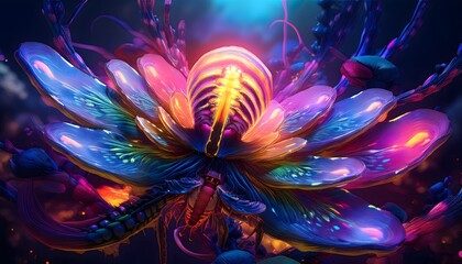 Bioluminescent alien flower glowing in vibrant colors in a dark fantasy world