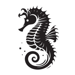 Black Color Seahorse Silhouette Vector Illustration, Solid White Background