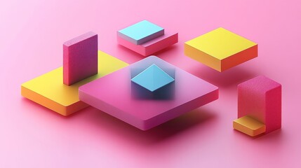 Colorful 3D geometric shapes float on pink background