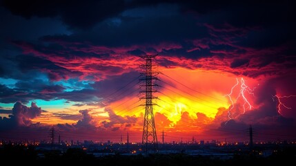 Naklejka premium Dramatic sunset storm over power lines