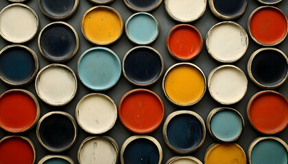 Colorful round containers arranged in a grid pattern with varied colors