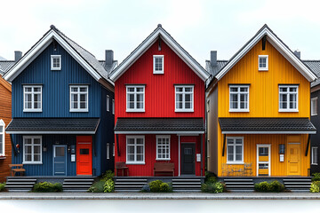 Colorful row houses stand side-by-side under cloudy skies; painted wood exterior