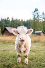 Fototapeta premium Adorable Highland Calf Standing on Green Pasture Near Wooden Cabin in Scenic Mountain Countryside