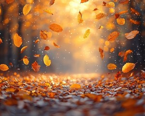 Vibrant autumn leaves falling in a serene forest, showcasing nature's beauty