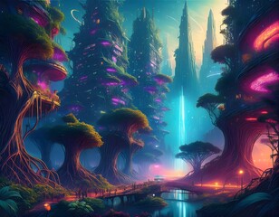 Obraz premium Futuristic city built around giant glowing trees at night with waterfall