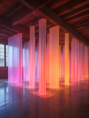Colorful, translucent columns glow in a room with exposed beams and a polished floor