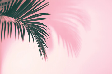 Blurred shadow of palm leaves on a light pink wall. A minimal abstract background for product presentation with spring and summer tones.