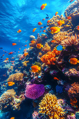 Obraz premium Colorful underwater coral reef ecosystem with many fish swimming under clear ocean water