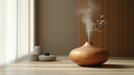 Wooden diffuser emitting a calming mist, enhancing ambiance