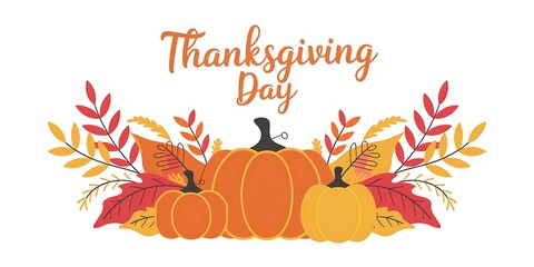Obraz premium Elegant Thanksgiving Day composition with pumpkins, autumn leaves, golden accents and Thanksgiving Day in orange cursive on a clean white background. A festive and inviting design for the holiday
