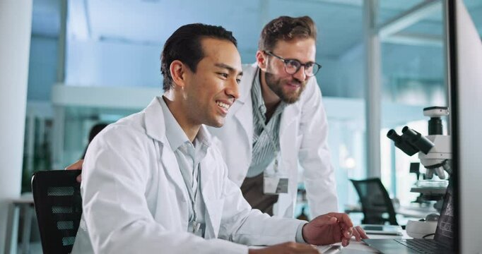 Fist bump, research and men in lab, computer and teamwork with achievement, results for experiment or internet. People, scientist or conversation with pc, feedback for cure or email for funding