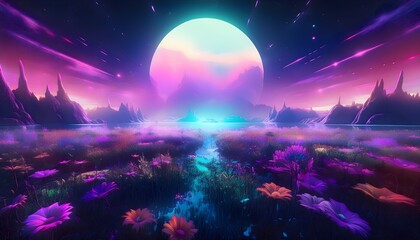 Glowing flowers blooming under huge pink moon in alien planet landscape