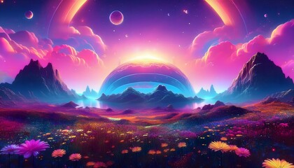 Vibrant alien landscape with blooming flowers and force field dome