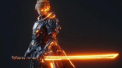 Futuristic warrior with glowing katana.
