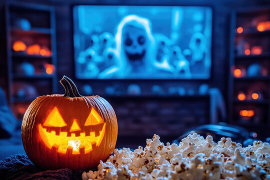 Spooky season movie night with jack-o'-lantern and crunchy popcorns