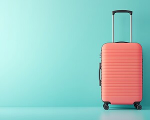 A single coral suitcase stands against a turquoise colored background