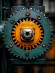Complex cogwheel mechanism with colorful layers, bolts, and worn textures