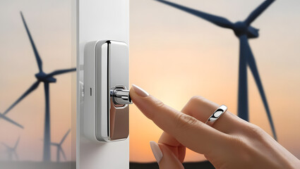 a person's finger interacting with a modern door handle against the backdrop of wind turbines and a sunrise sky, symbolizing sustainable energy and security