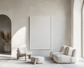 Minimalist living room with large blank canvas, arched doorway, and sunlight.