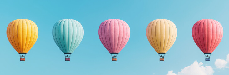 Fototapeta premium Colorful hot air balloons float clear blue sky, creating cheerful and vibrant scene. balloons are various shades, adding to joyful atmosphere