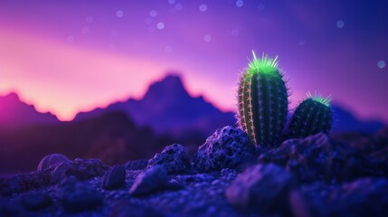 Vibrant Night Landscape Featuring Cacti Under a Starry Sky with Mountains in the Background