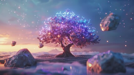 A glowing, ethereal tree surrounded by floating rocks at sunset over a tranquil landscape