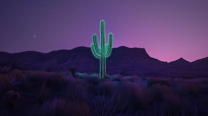 Majestic cactus silhouetted against a twilight desert landscape under a starry sky