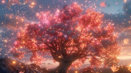 Enchanted cherry blossom tree glowing with magical lights at sunset in a serene landscape